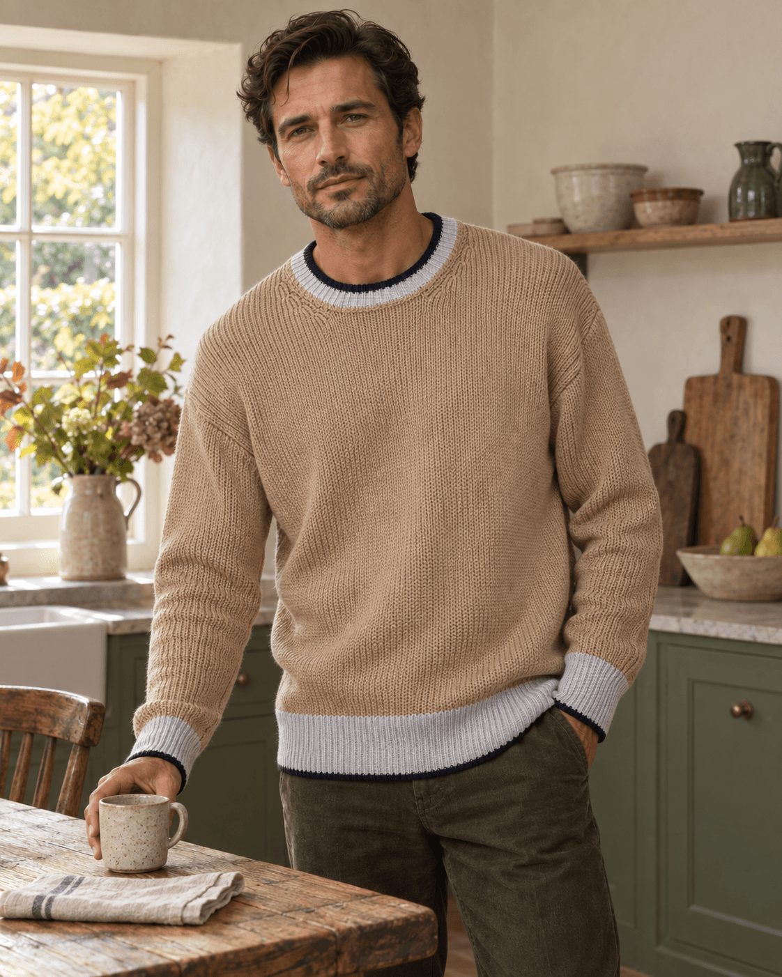 Modell i den beige bomullströjan i ett enkelt engelskt lantkök.